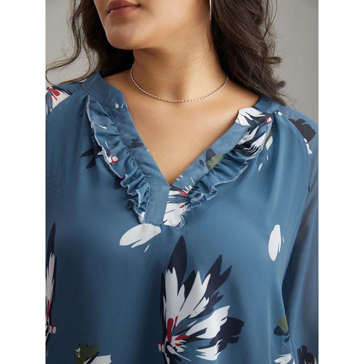 Plus Size Cerulean Floral Print Shirred Ruffles Mesh Blouse Women Elegant Long Sleeve V-neck Dailywear Blouses BloomChic 30/6X Product Image