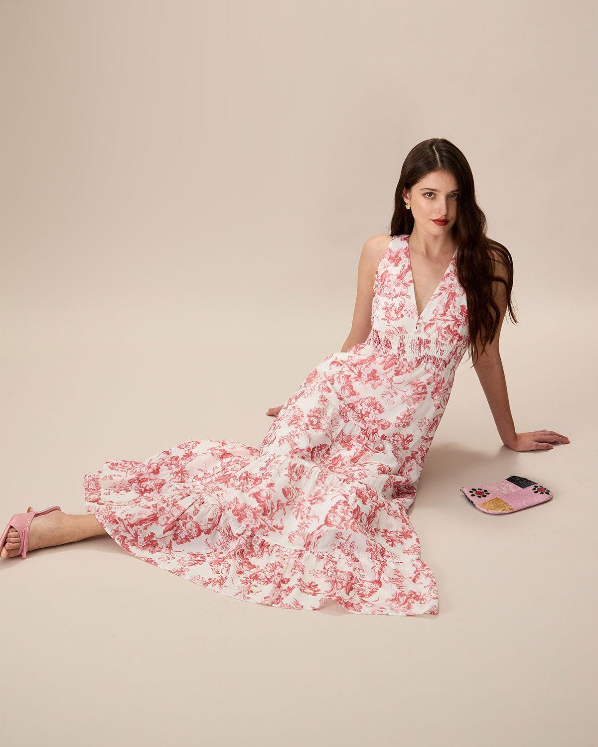 Women's Red Floral Ruched Sleeveless Maxi Dress Female Product Image