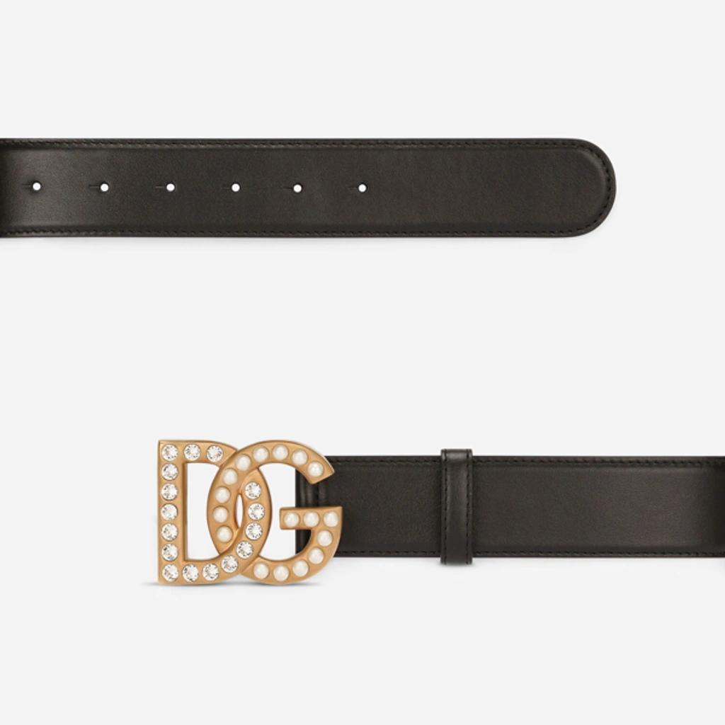 DOLCE & GABBANA Calfskin Belt With Bejeweled Dg Logo In Black Product Image