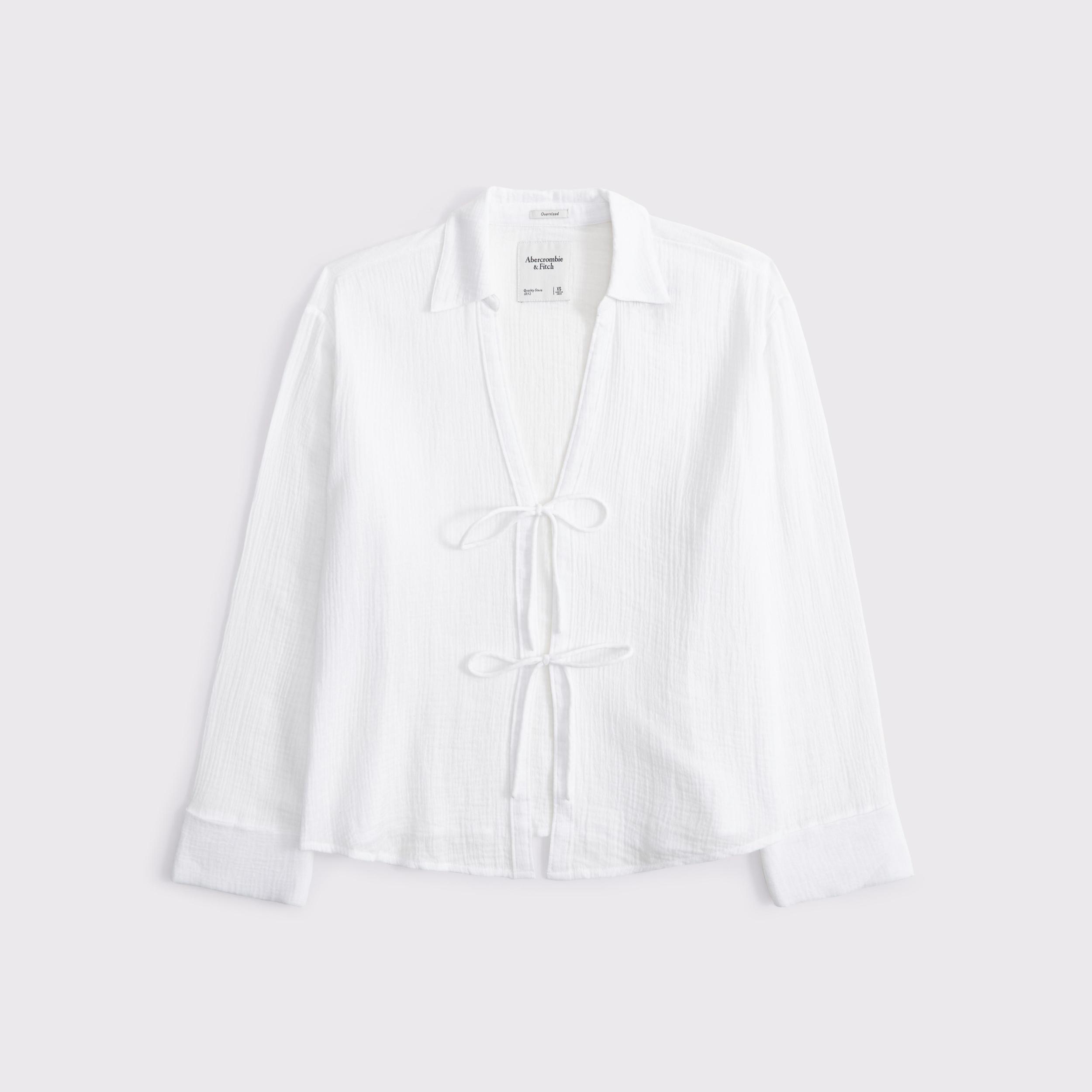 Long-Sleeve Oversized Tie-Front Gauzy Shirt Product Image