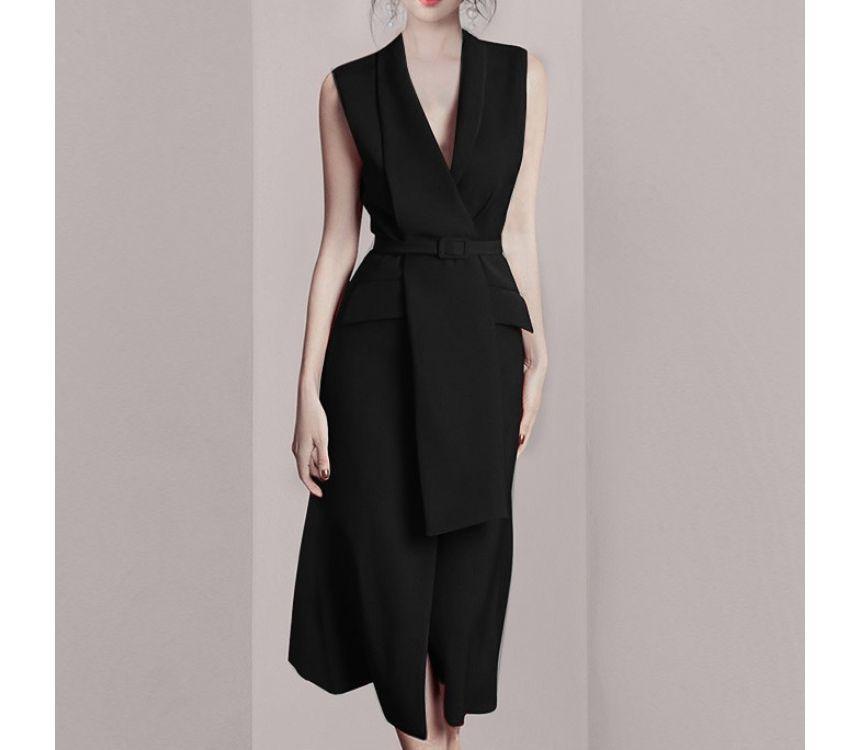 Sleeveless Asymmetrical Lapel Plain Belted Midi A-Line Dress Product Image