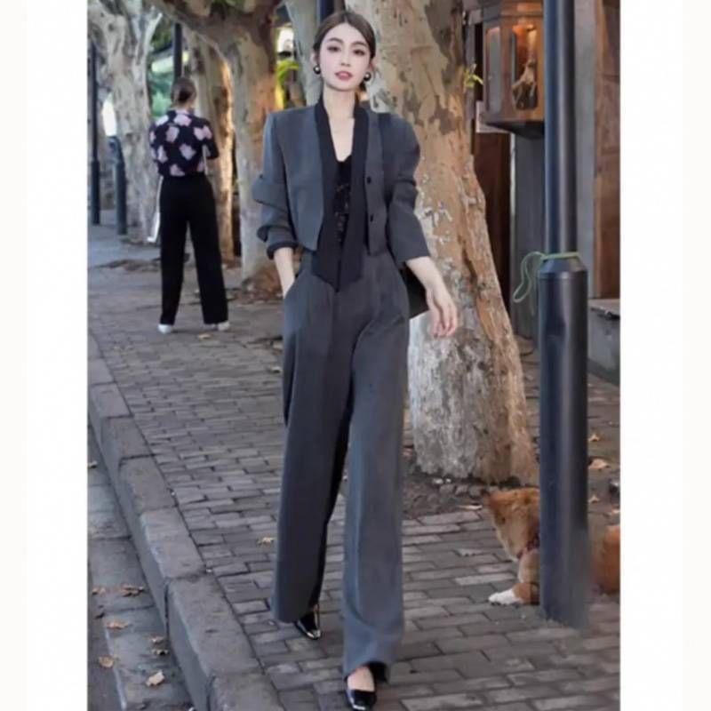Set: Button-Up Plain Blazer + Wide Leg Slacks Product Image