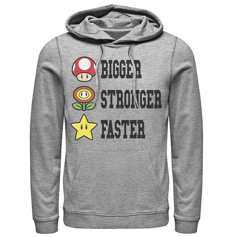 Men's Nintendo Super Mario Bigger Faster Stronger Hoodie, Size: Small, Athletic Grey Product Image
