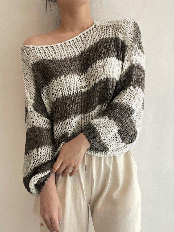 Long Sleeve Striped Crochet Knit Top Product Image