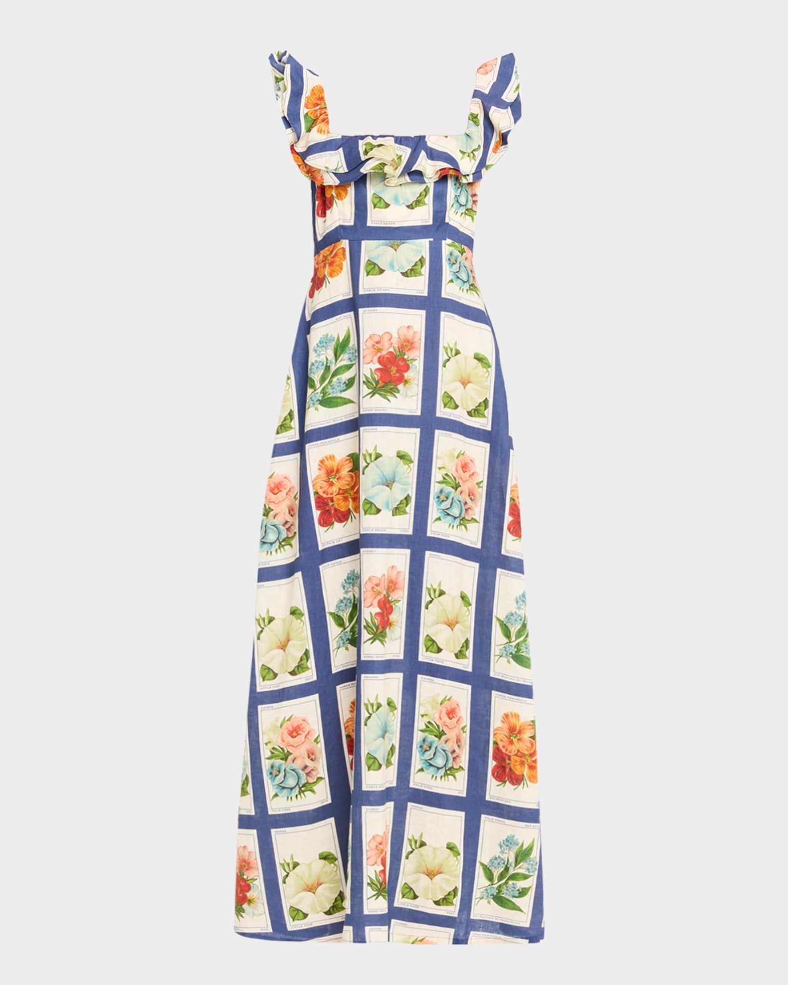 Ruffle-Trim Vintage Botanical Linen Maxi Dress Product Image
