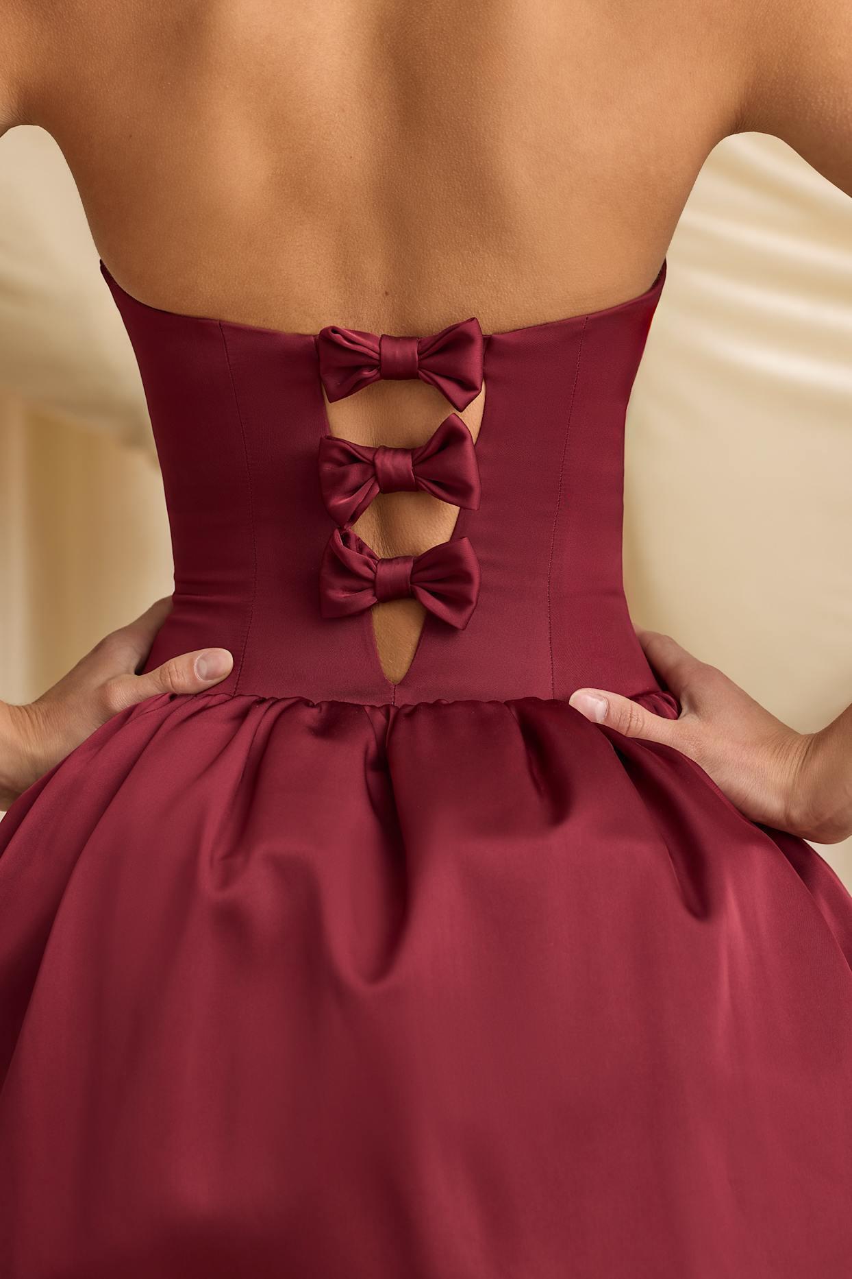 Convertible Bow-Detail Bubble Hem Midaxi Dress in Wine Red Product Image