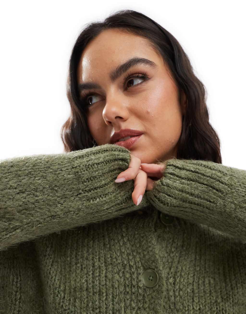 ASOS DESIGN crew neck loose knit cardigan in green Product Image