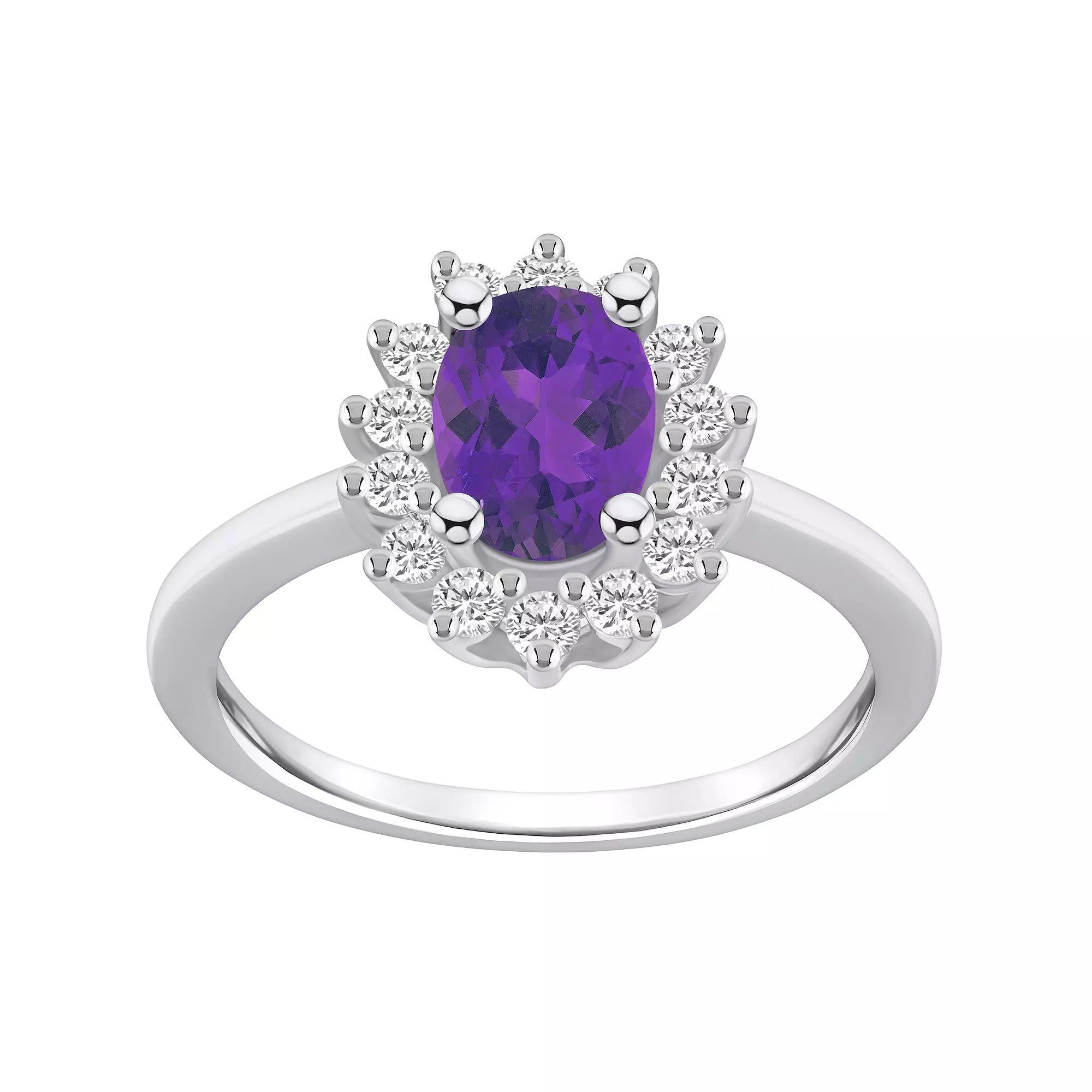 Alyson Layne 14k White Gold Oval Cut Amethyst & 1/3 Carat T.W. Diamond Halo Ring, Women's, Size: 7, Purple Product Image