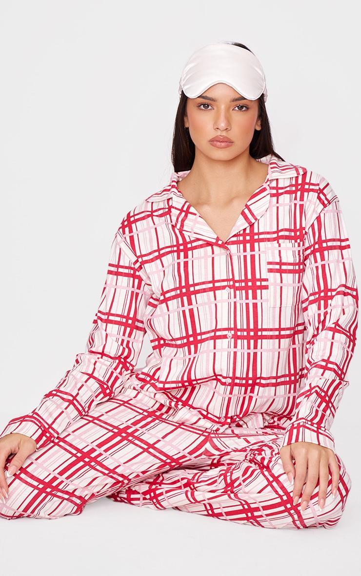 Cream Check Print Jersey Long Pj Set Product Image