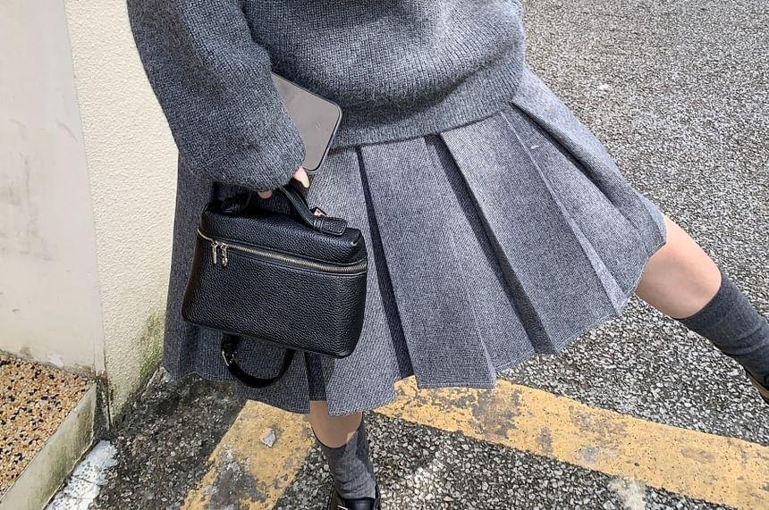 Collared Half Zip Plain Sweater / A-Line Pleated Skirt / Long-Sleeve Striped Top Product Image