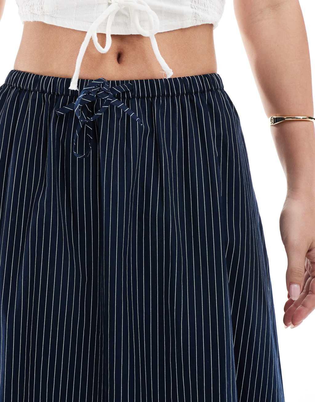 ASOS DESIGN a line tie waist maxi skirt in navy stripe Product Image