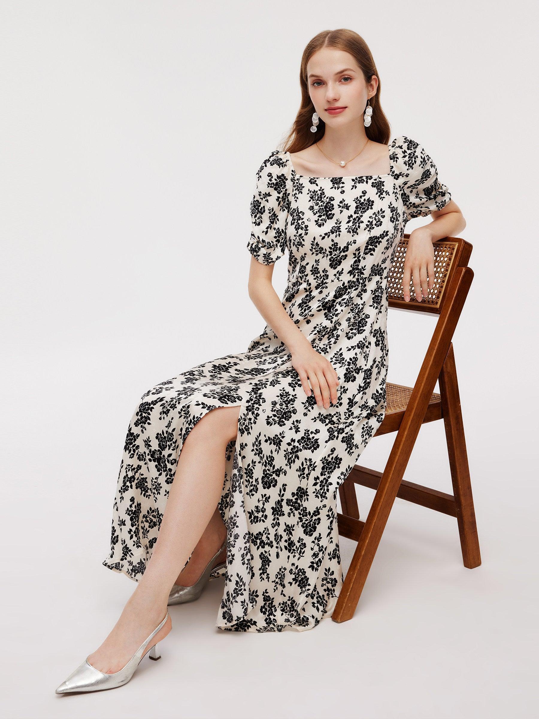 Floral Print Side Slit Women Smocked Back Maxi Dress Product Image