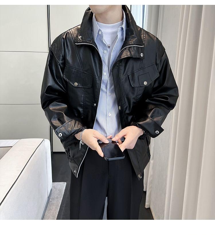 Stand Collar Plain Panel Faux Leather Zip Jacket Product Image