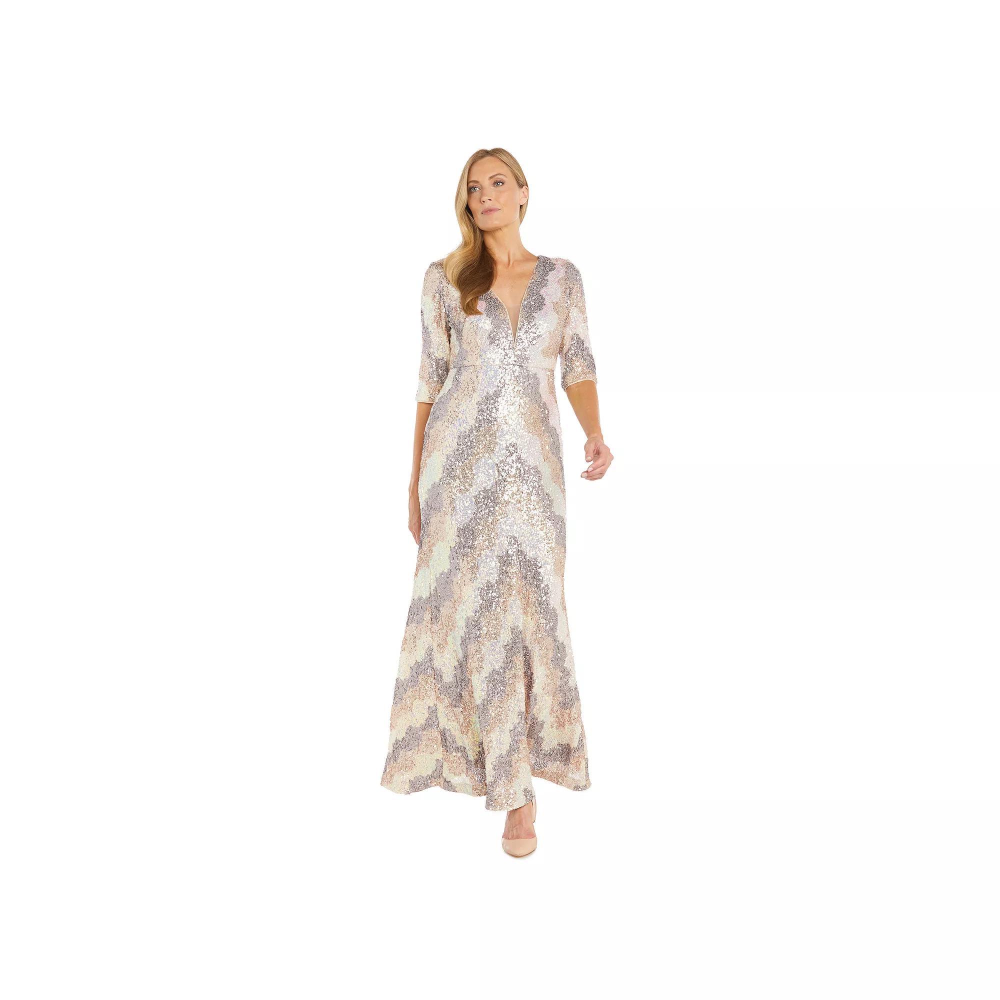 Women's R&M Richards Long Stretch Beaded V-Neck Dress, Size: 16, Beige Team Product Image