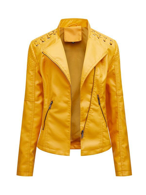 Long Sleeves Split-Joint Zipper Mock Neck PU Jackets Outerwear Product Image