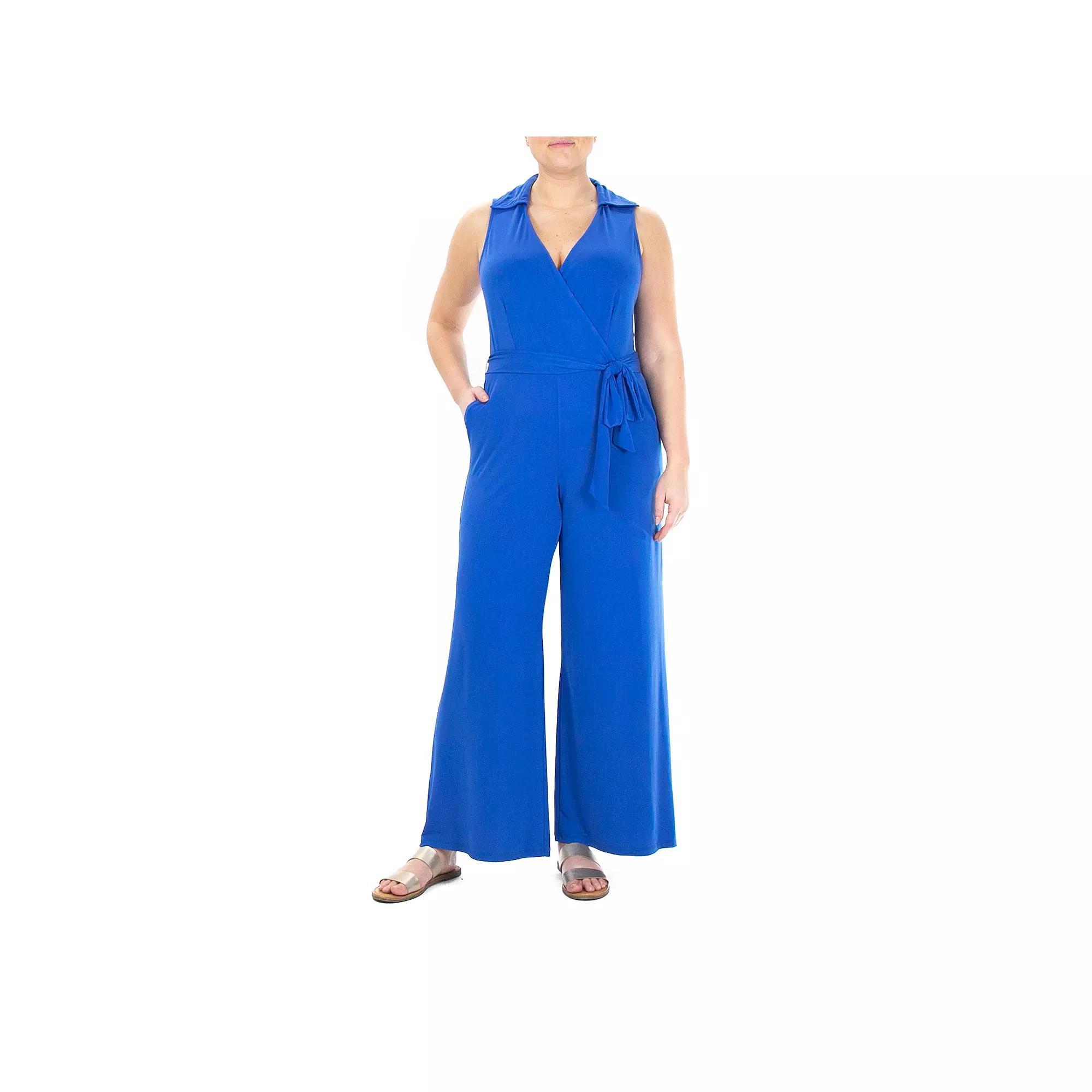 Women's Nina Leonard Collared Sleeveless Surplice Wide-Leg Jumpsuit, Size: Small, Blue Product Image