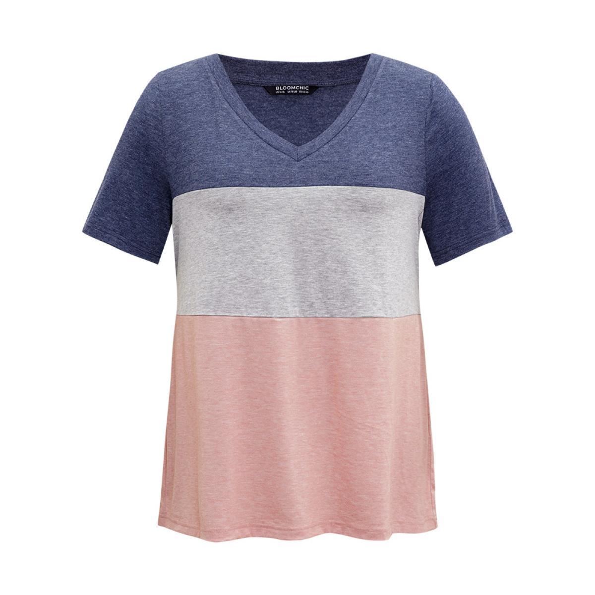 Plus Size Colorblock Contrast V Neck T-shirt Multicolor Women Casual Contrast Plain V-neck Dailywear T-shirts BloomChic 22-24/3X Product Image
