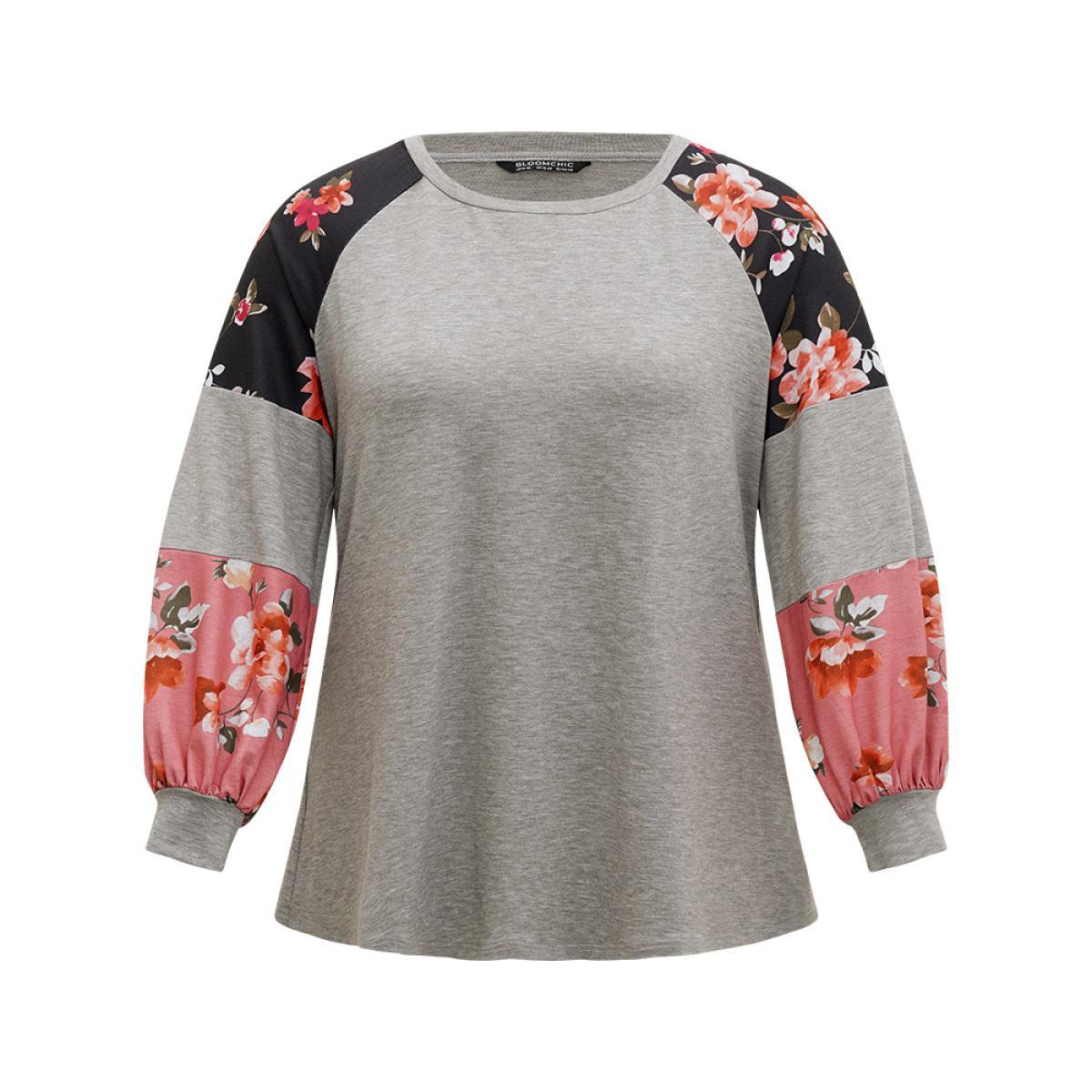 Plus Size Colorblock Contrast Floral Crew Neck Raglan Sleeve Sweatshirt Women Gray Casual Elastic cuffs Round Neck Dailywear Sweatshirts BloomChic 22-24/3X Product Image