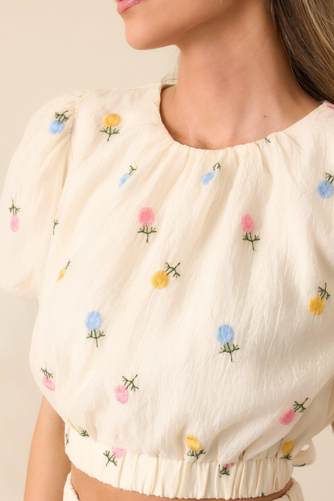 Stay Resilient Ivory Floral Embroidered Puff Sleeve Top Product Image