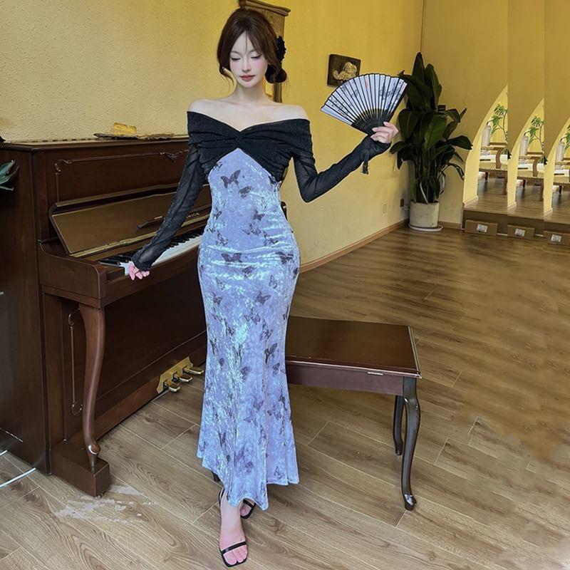 Long-Sleeve V-Neck Butterfly Print Panel Midi Sheath Dress Product Image
