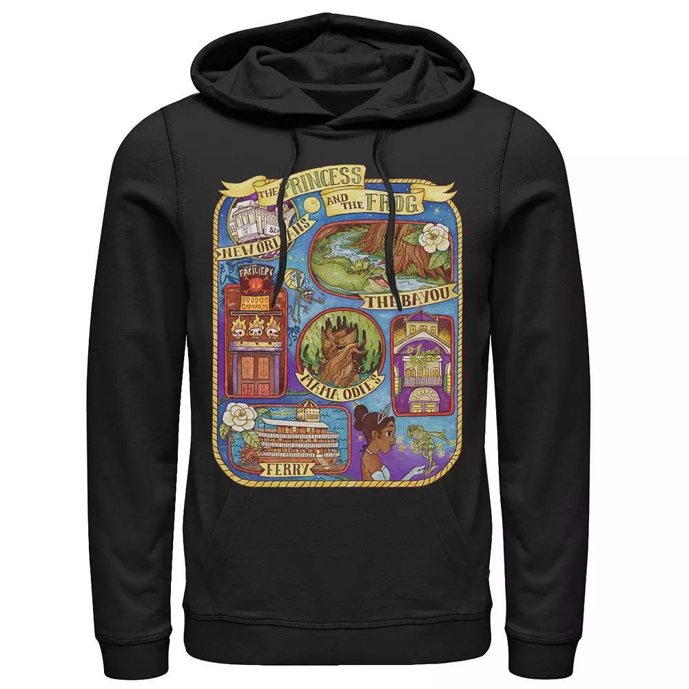 Men's Disney Princess And The Frog Group Shot Large Map Hoodie, Size: Medium, Black Product Image