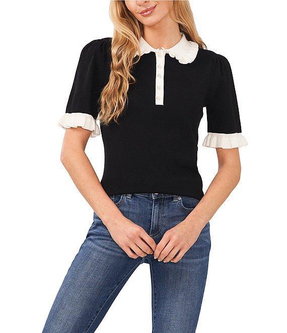 CeCe Knit Ruffle Collar Short Sleeve Partial Button Front Blouse Product Image