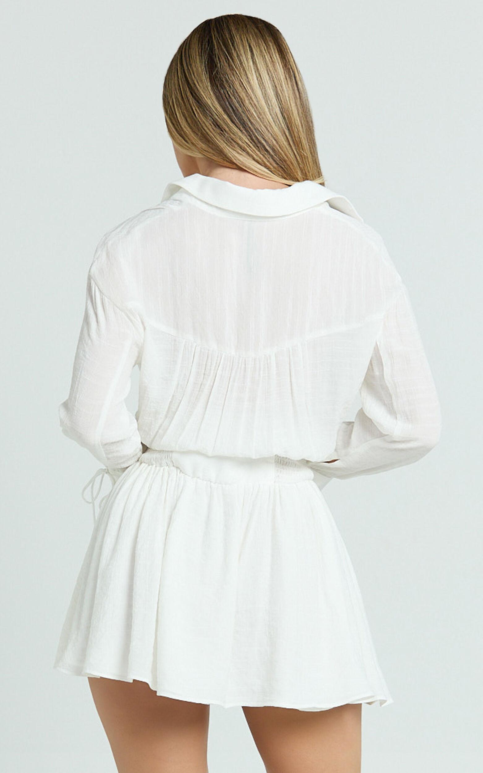 Valerie Mini Dress - Collared Long Sleeve Corset Waist Shirt Dress in White Product Image
