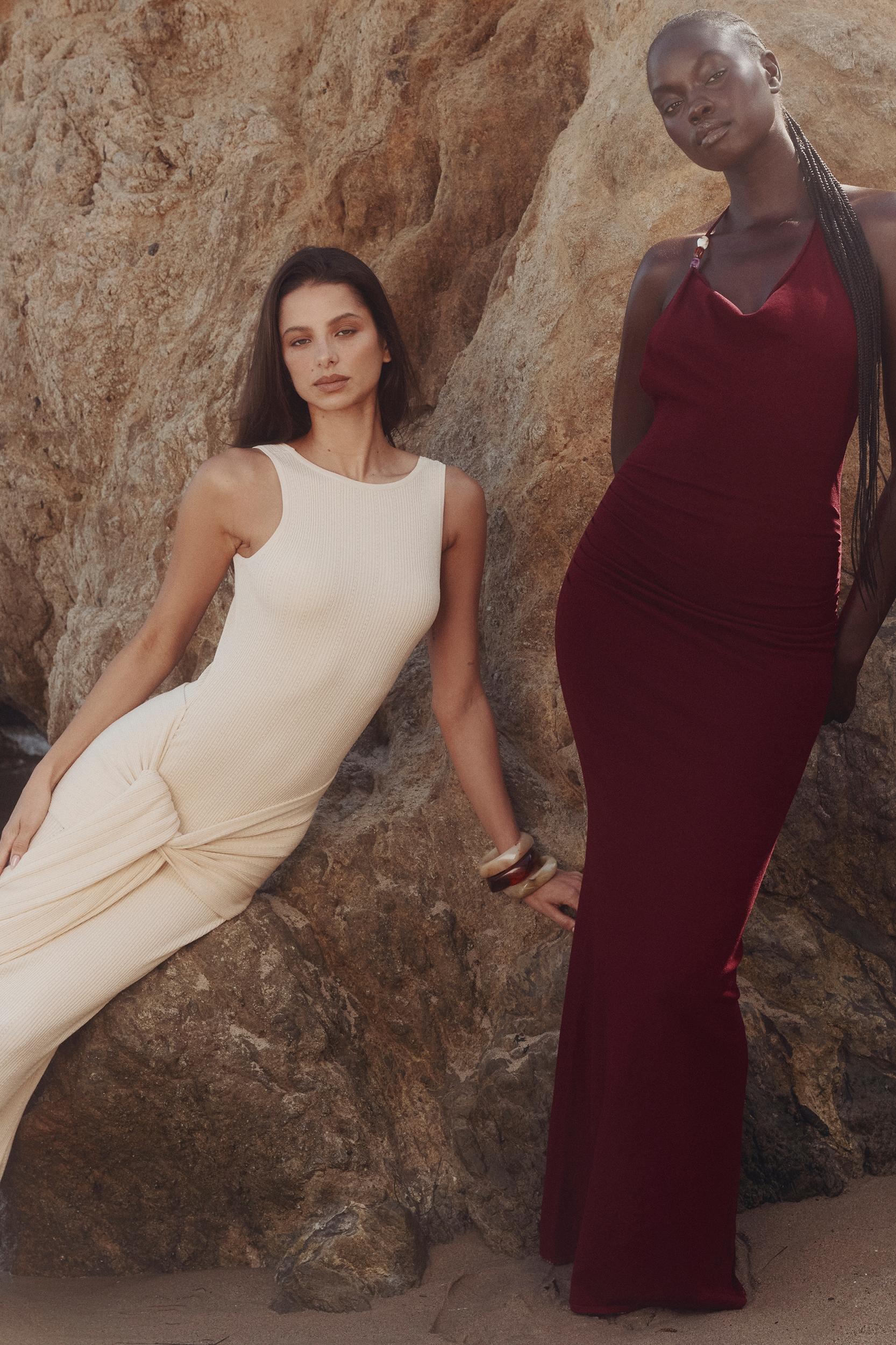 Thalina  wine draped halter neck knit maxi dress Product Image
