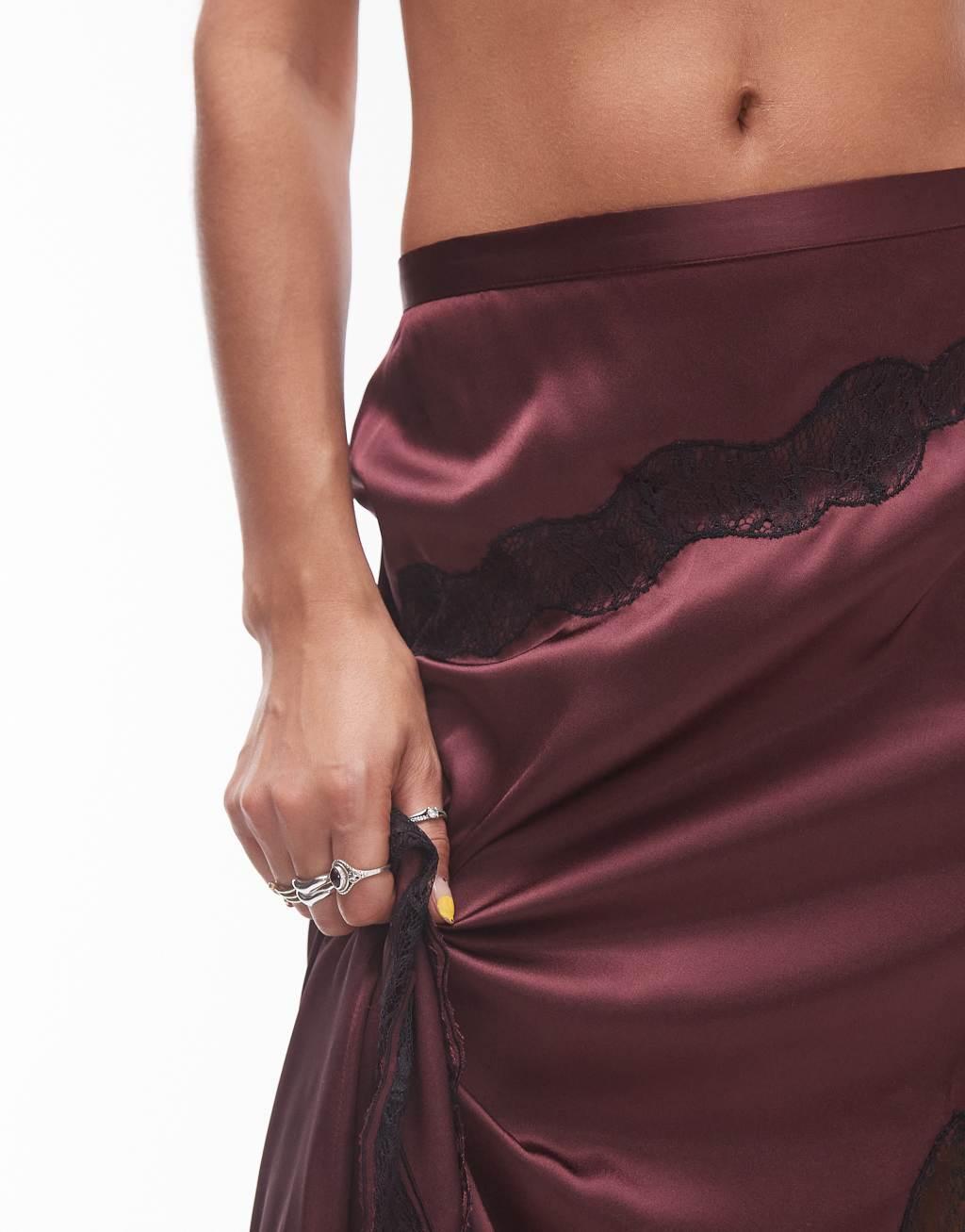 Topshop satin and lace maxi skirt burgundy with black lace Product Image