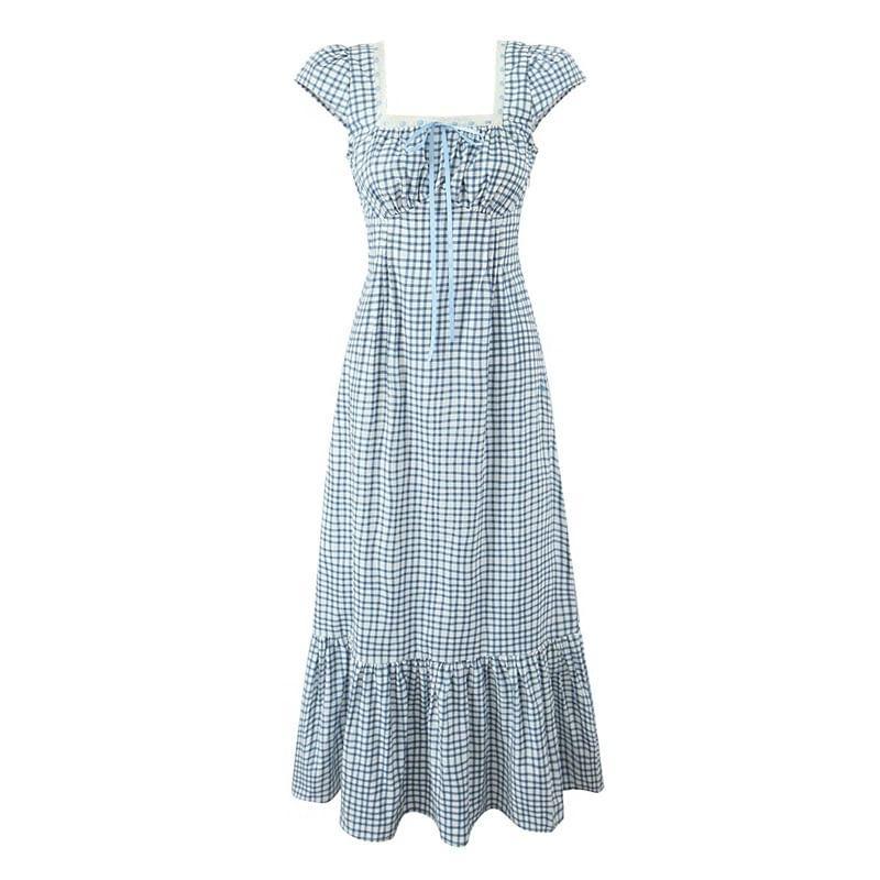 Cap Sleeve Square Neck Plaid Bow Ruffle Maxi A-Line Dress Product Image