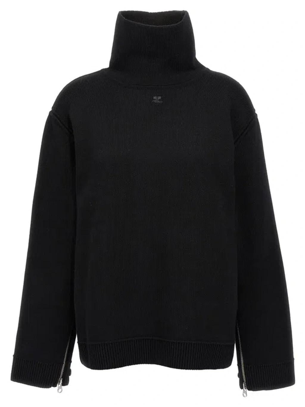 COURRÈGES Black Oversized Mockneck Knit Sweater Product Image