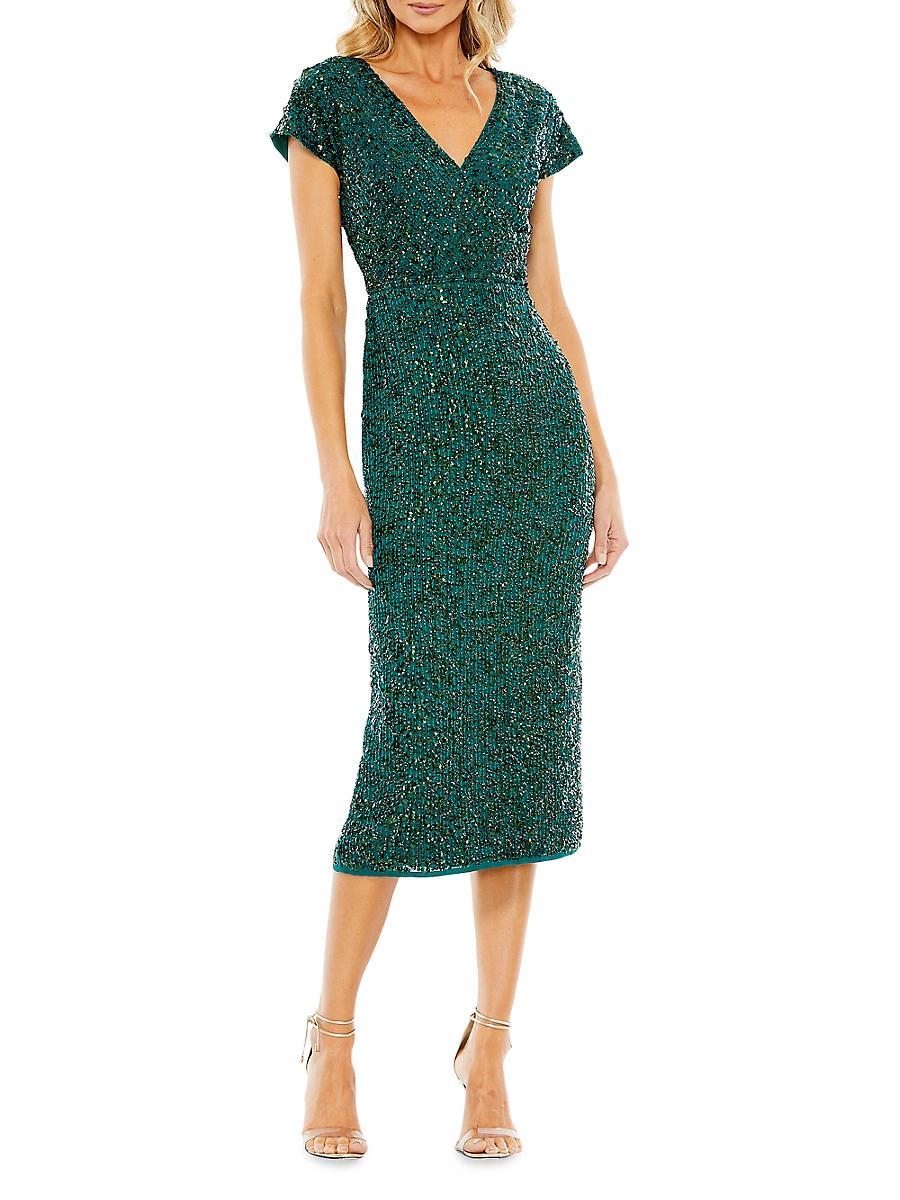 Mac Duggal Sequin Beaded Bodice V-Neck Short Sleeve Midi Dress Product Image