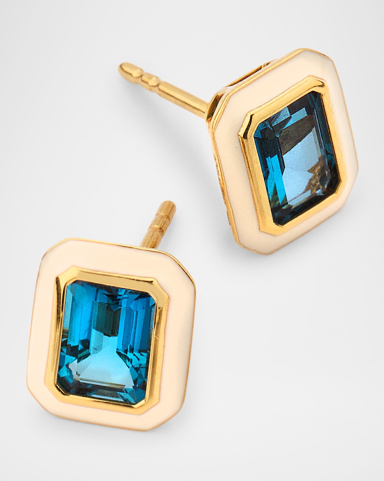 Queen 18K Yellow Gold London Blue Topaz Stud Earrings with White Enamel Product Image