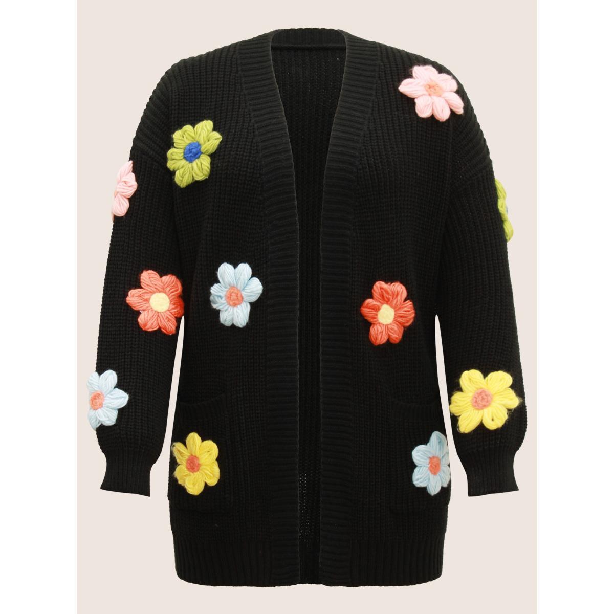 Plus Size Rainbow Floral Pocket Open Front Cardigan Black Women Casual Long Sleeve Everyday Cardigans BloomChic 10/M Product Image
