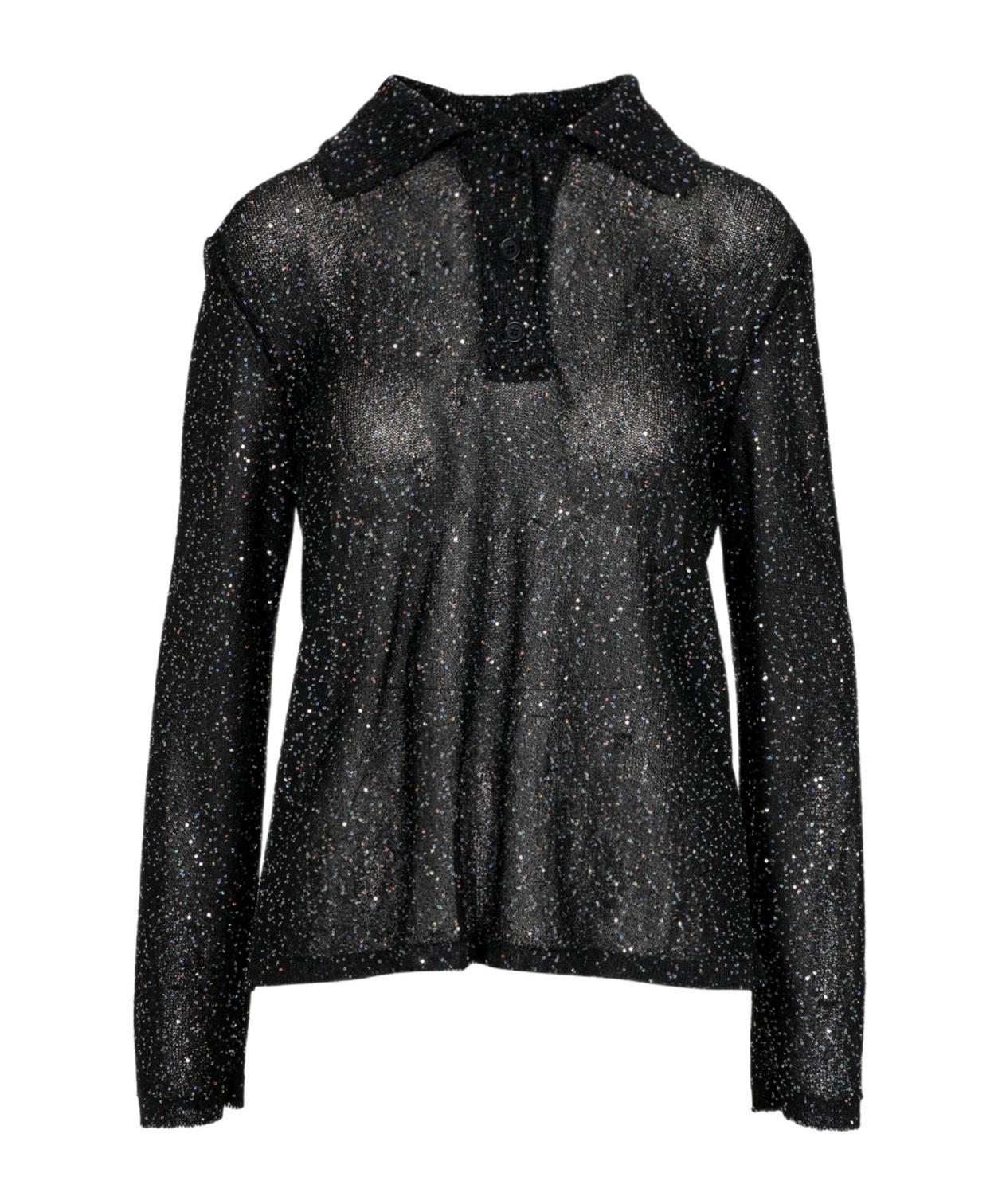 MSGM Embellished Knitted Polo Shirt In Black Product Image