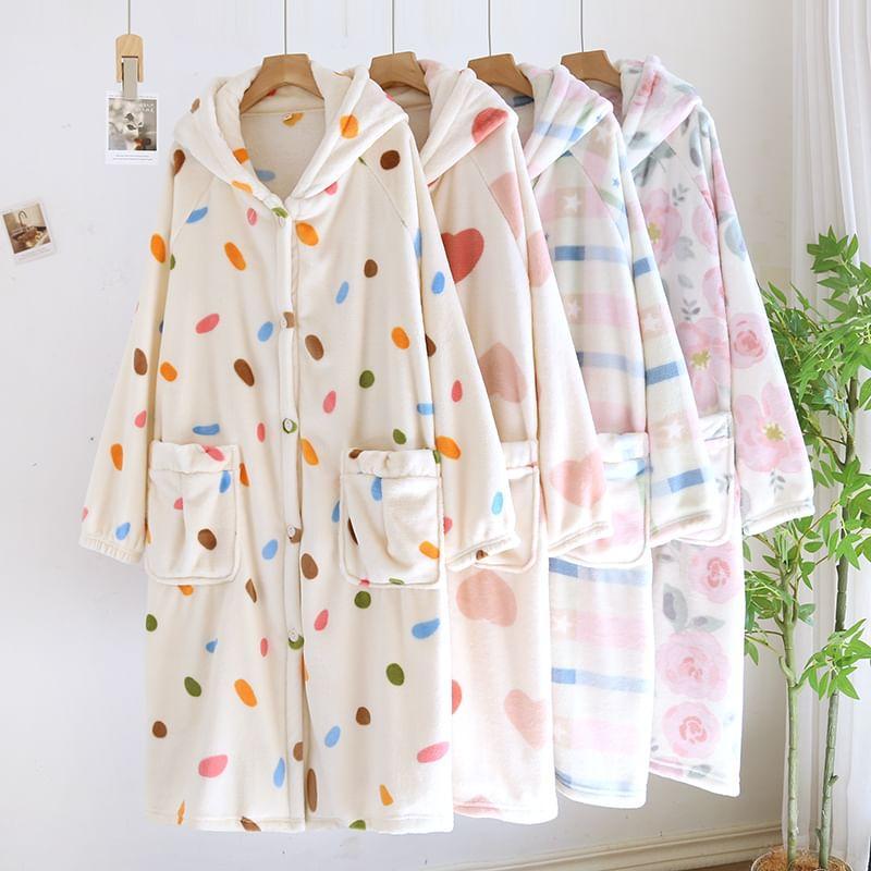 Print Hooded Fleece Button Robe Product Image