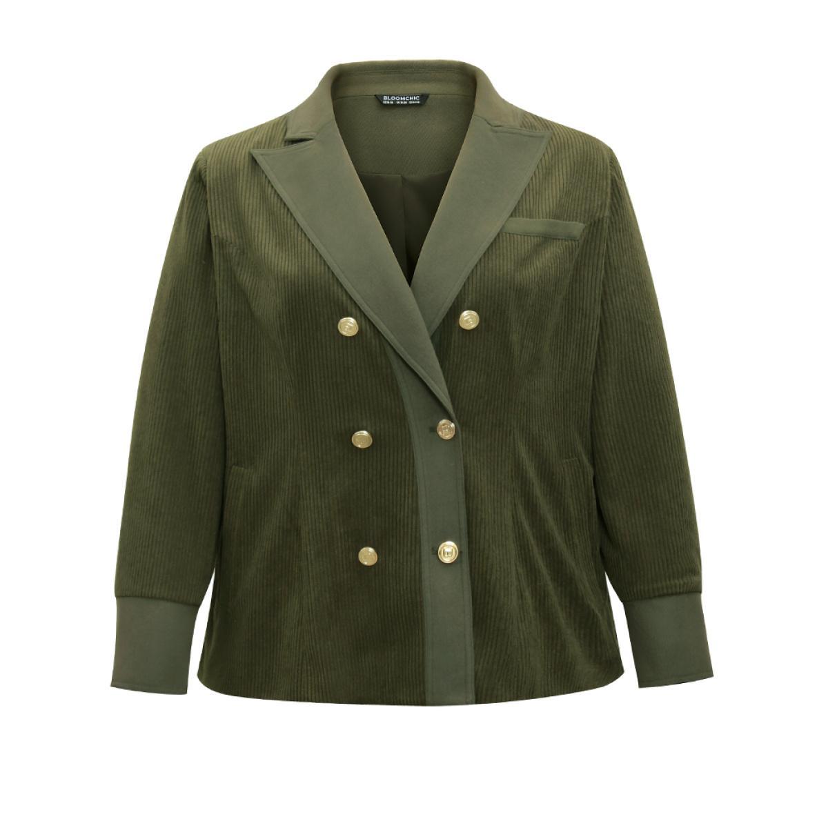 Plus Size Corduroy Patchwork Suit Collar Metal Detail Blazer ArmyGreen Women Dailywear Plain Texture Sleeve Long Sleeve Suit Collar 12/L Pocket Casual Blazers BloomChic Product Image
