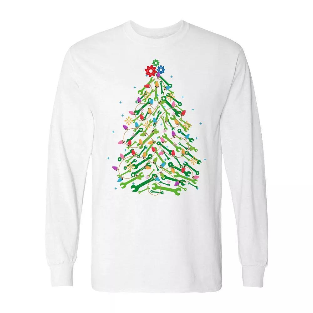 Men's Christmas Mechanic Tree Long Sleeve Graphic Tee, Size: Large, White Product Image