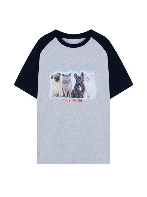 Cat Print Raglan Oversized Short Sleeve Tee Product Image