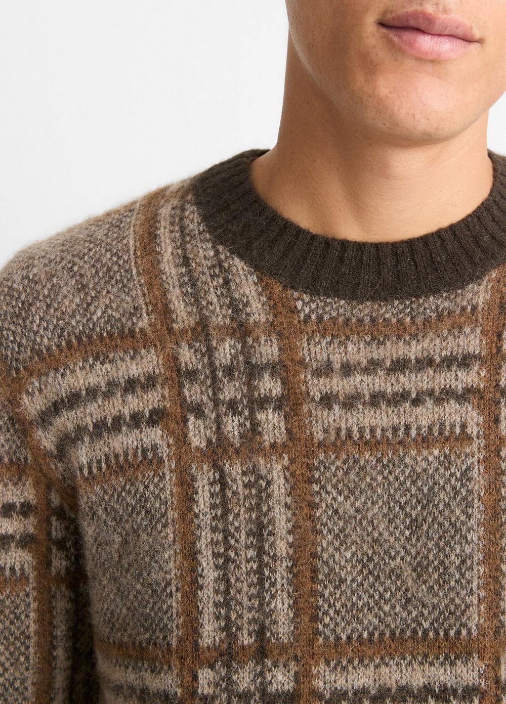 Mens Brushed Glen Plaid Crew Neck Sweater, Bristle Khaki Combo, Size S Vince Product Image