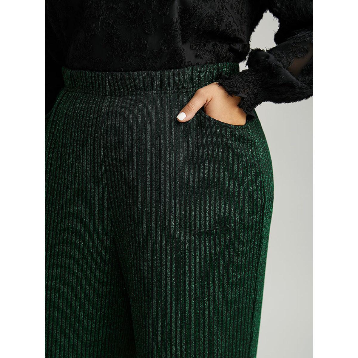 Plus Size Plain Texture Luxe Elastic Waist Straight Leg Pants Women Green Glamour Straight Leg High Rise Festival-Christmas Pants BloomChic 28/5X Product Image