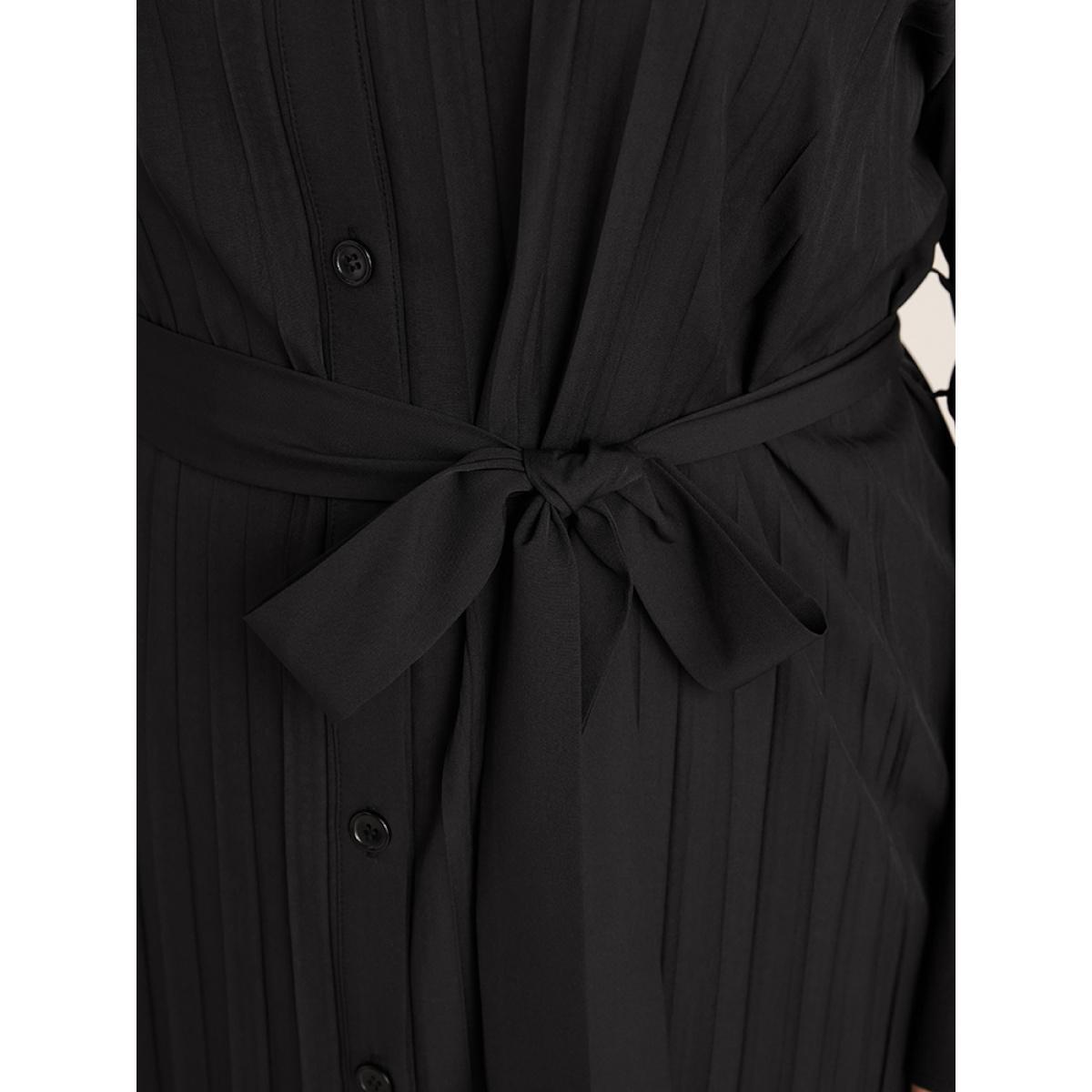 Plus Size Solid Belted Pleated Shirt Collar Dress Black Women Office Belted Shirt collar Long Sleeve Curvy Midi Dress BloomChic 28/5X Product Image