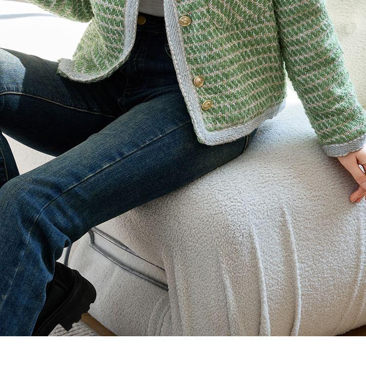 Round Neck Patterned Cropped Tweed Button Jacket Product Image