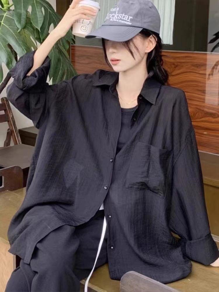 Long Sleeve Collared Plain Shirt Product Image