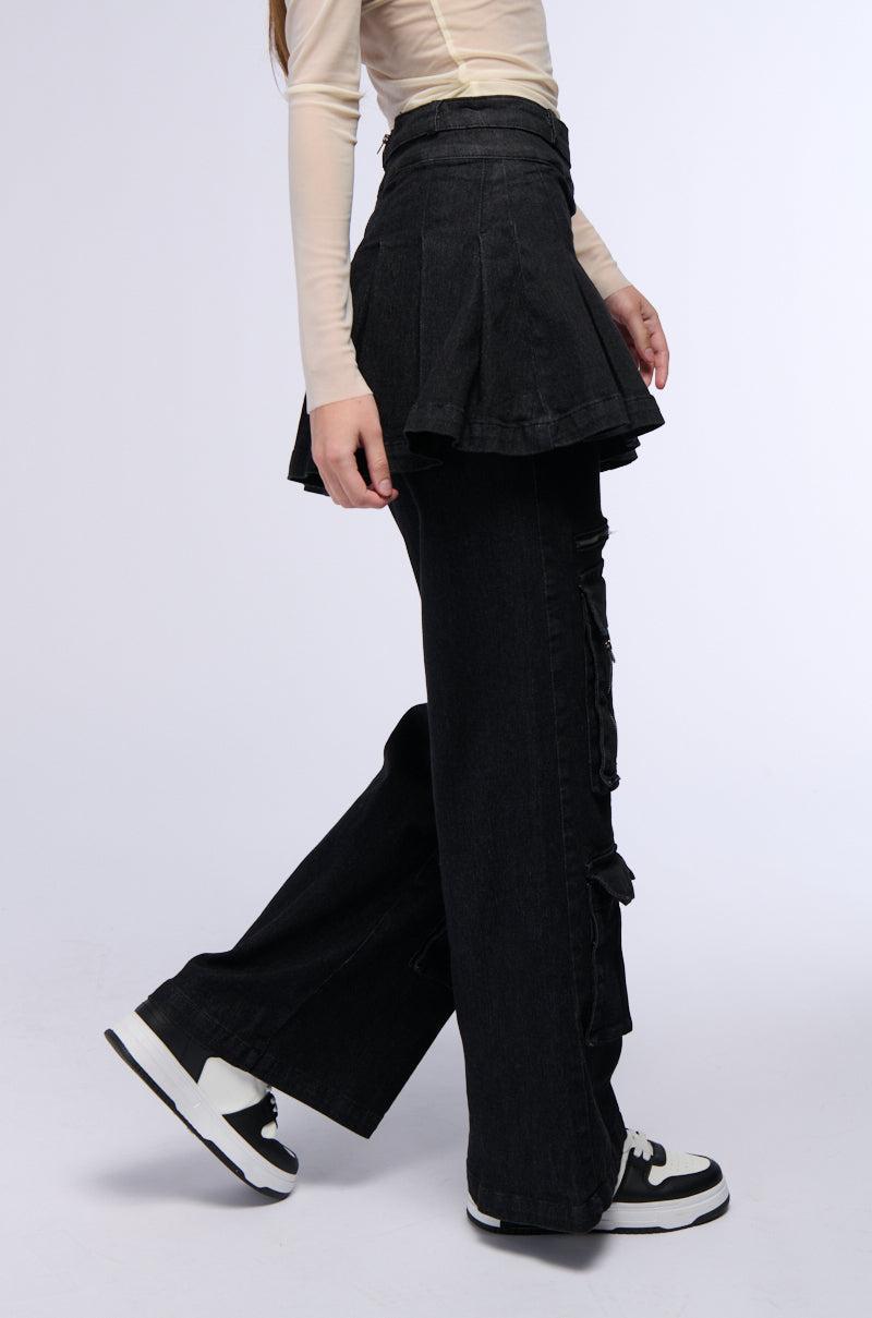 WANT U BACK WIDE LEG DENIM PANT WITH SKIRT Product Image