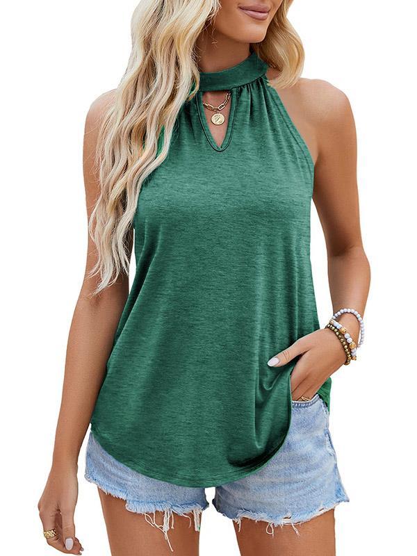 Loose Sleeveless Colorful Hollow Pleated Solid Color Tied Halter-Neck Vest Top Product Image