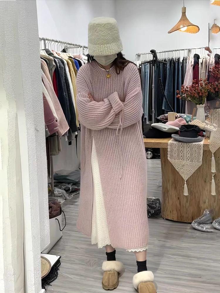 Round Neck Plain Slit Ribbed Midi Sweater Dress Product Image