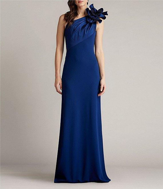 Tadashi Shoji Crepe One Shoulder Sleeveless Taffeta Flower Applique Gown Product Image