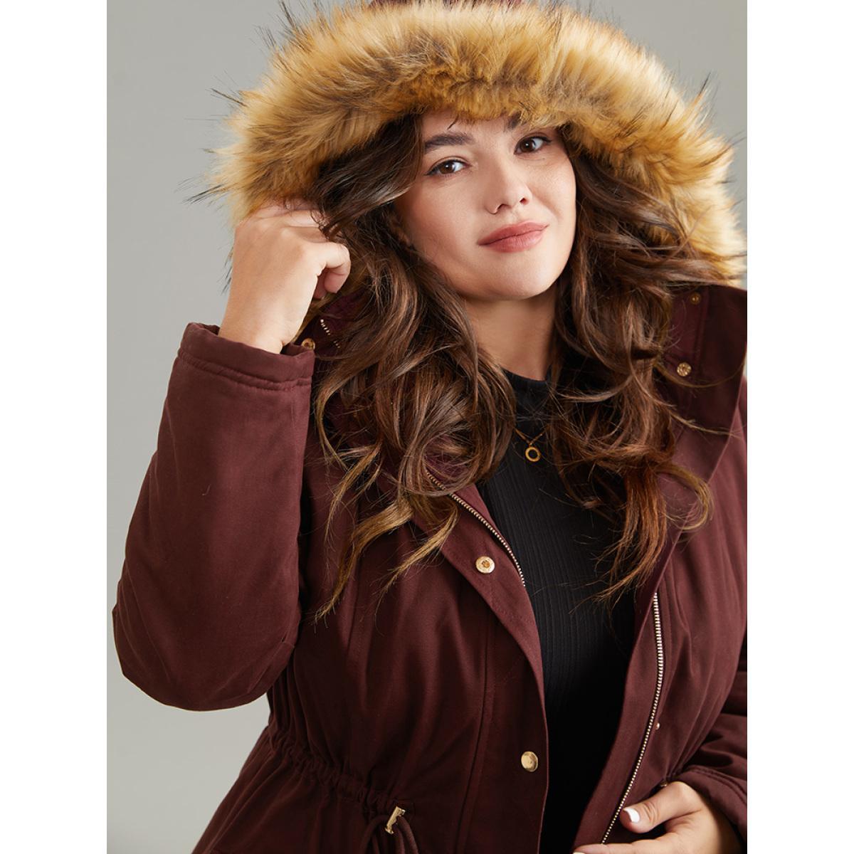 Plus Size Contrast Hooded Fuzzy Trim Drawstring Padded Coat Women Maroon Casual Lined Ladies Dailywear Winter Coats BloomChic 28/5X Product Image