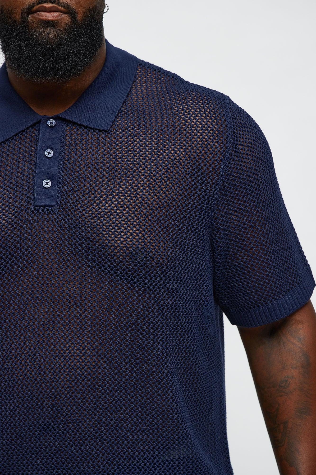 Vacation Me Please Open Knit Polo - Navy Product Image